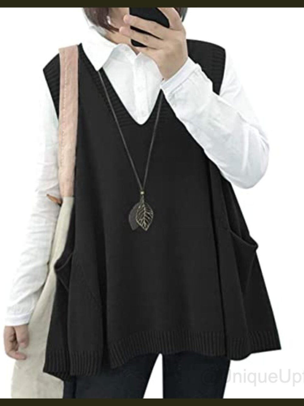 Cotton Oversized Sweater Vest Sleeveless V-Neck Pullover with Drop Pockets